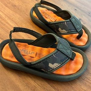 Size 4.5-5 baby sandals. Orange and camo design